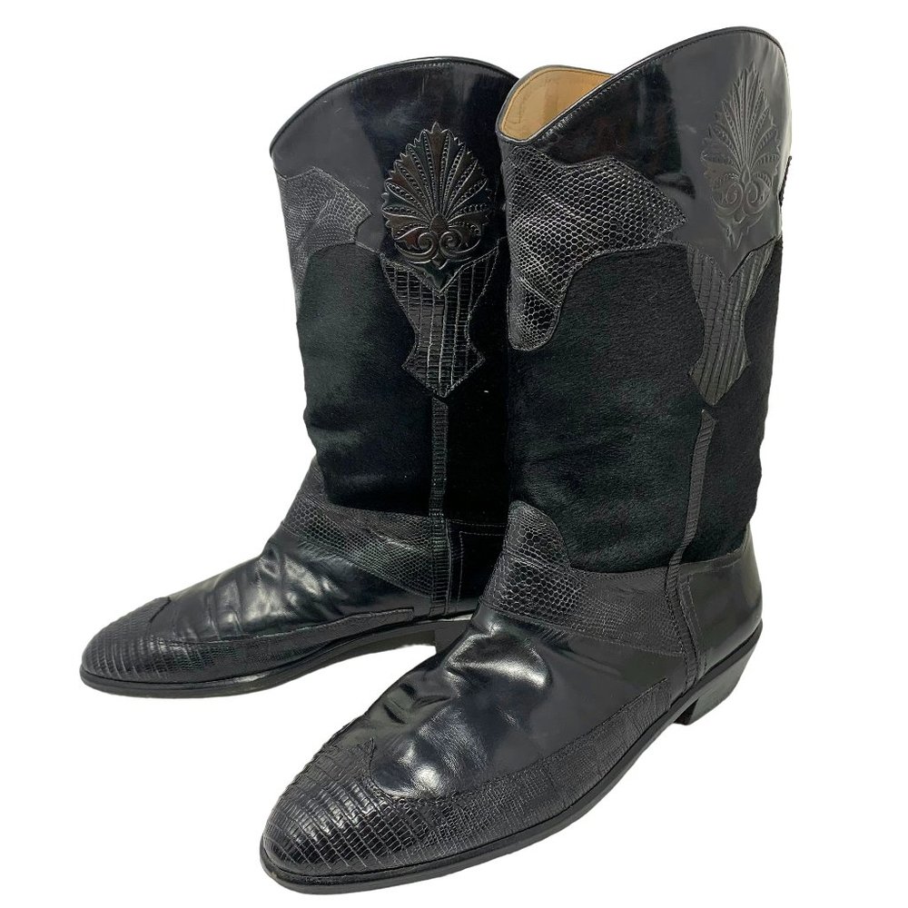 R‎ Martegani Handmade Leather Lizard and Calves Hair Midcalf Boot